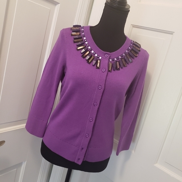 Kate Spade Purple Wool Cardigan Embellished neckline Small - Picture 1 of 12